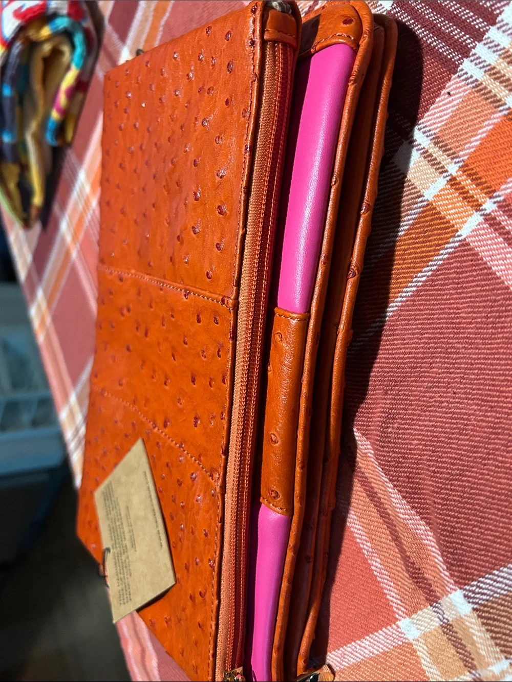 Cri De Coeur Orange FEAUX Ostrich -Texture Zip Bag with Pink Details